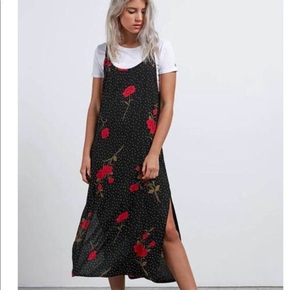 new size L Large Volcom end of the Rose roses flower black polkadot dress - Picture 3 of 5